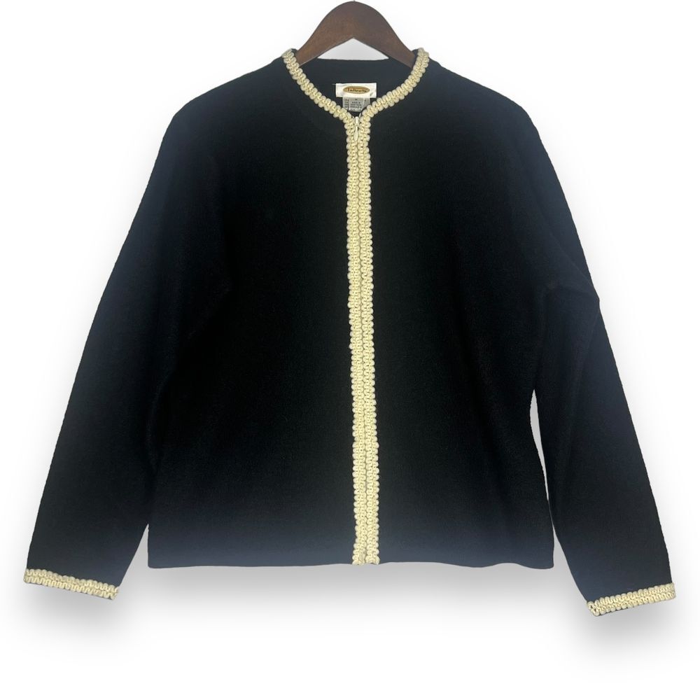 Talbots Sweater Cardigan 100% Wool Vintage Full Zip Black Ivory Crochet Trim M